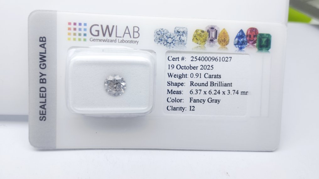 No Reserve Price - 1 pcs Diamond  (Natural)  - 0.91 ct - Round - I2 - Gemewizard Gemological Laboratory (GWLab) - fancy gray #1.0