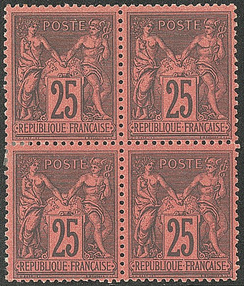 法国 1878 - Sage，Type II，25C，深黑色，深红色，4个一组，全新*/** - Yvert 91a #1.0