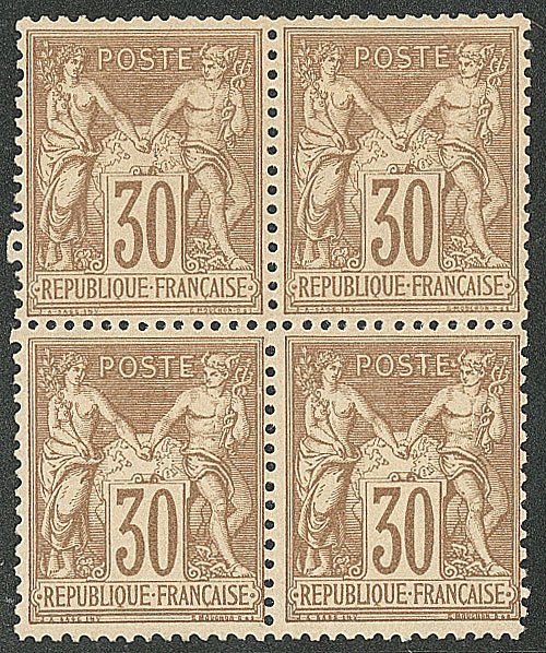 Ranska 1876 - Sage, tyyppi I, 30 c. vaaleanruskea, 4 kappaleen lohko, uusi*/**, Roumetin allekirjoittama, - Yvert 69 #1.0