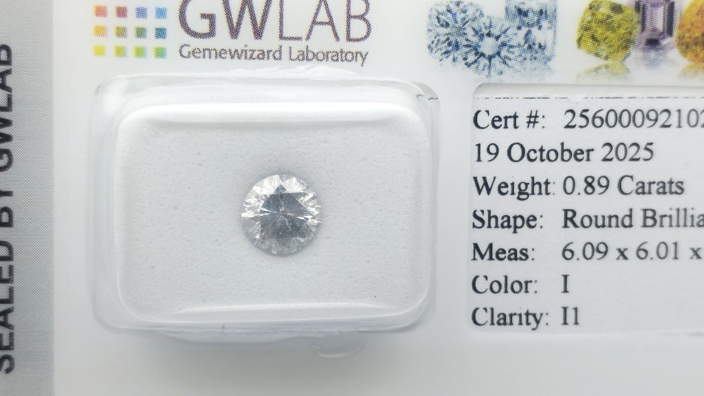 Sem preço de reserva - 1 pcs Diamante (Natural) - 0.89 ct - Redondo - I - I1 - Gemewizard Gemological Laboratory (GWLab) #1.0