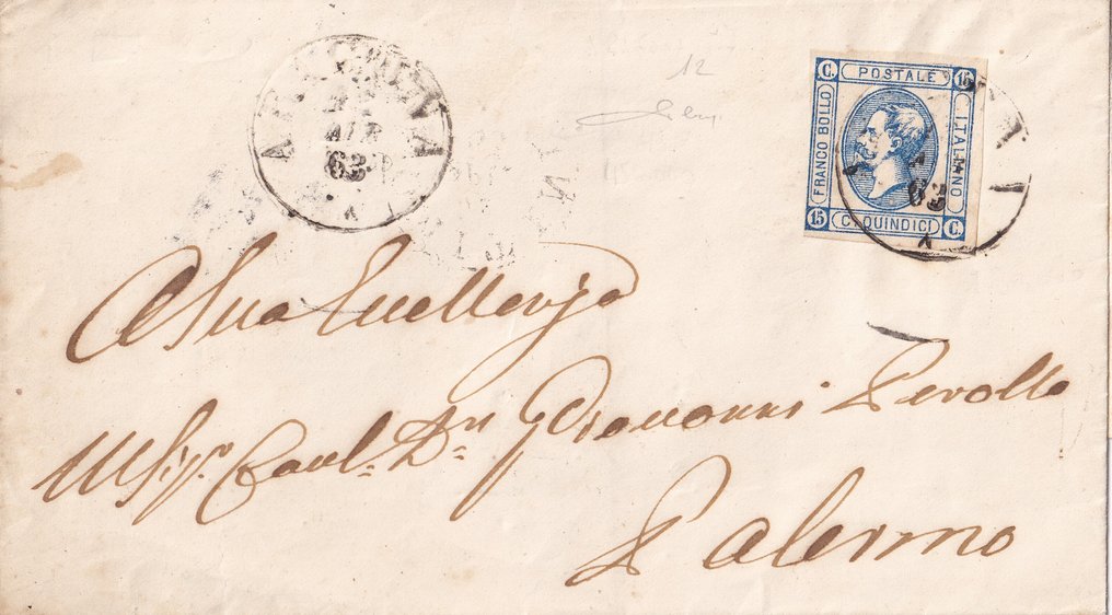 Αρχαία ιταλικά κράτη - Σικελία - 1863 Επιστολή από Aragona προς Palermo, 13 σημεία Sassone. #1.0