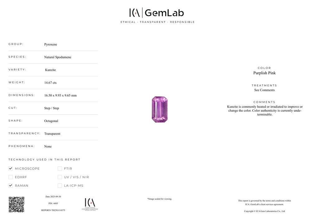 χωρίς τιμή ασφαλείας - 1 pcs Μωβ, Ροζ Κουνζίτης - 14.67 ct - Διεθνής Ένωση Έγχρωμων Πολύτιμων Λίθων (ICA GemLab) #4.3