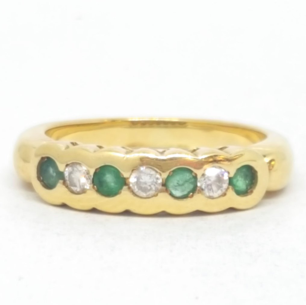 戒指 - 18 克拉 黃金 - 0.10ct. tw. 鉆石 (天然) - 祖母綠 - 翡翠 #1.0