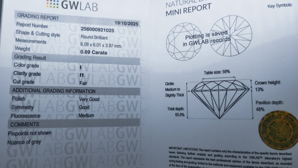 Sem preço de reserva - 1 pcs Diamante (Natural) - 0.89 ct - Redondo - I - I1 - Gemewizard Gemological Laboratory (GWLab) #2.1