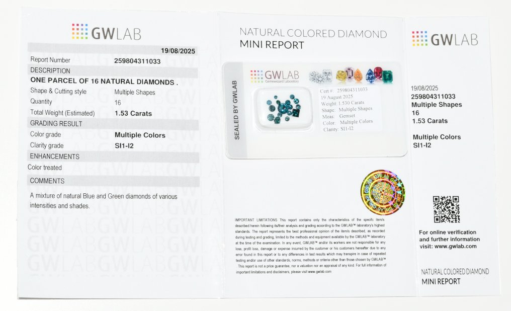 16 pcs 钻石  (经彩色处理)  - 1.53 ct 蓝色, 绿色 - I2 内含二级, SI1 微内含一级 - Gemewizard宝石实验室（GWLab） #2.1