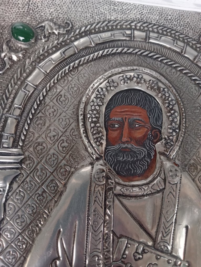 Icona - Díptico - Santa Lucia e San Pietro - Dipinto a mano - Placcato argento, Pietra #3.2