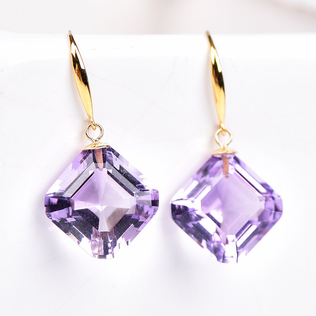 χωρίς τιμή ασφαλείας - Σκουλαρίκια - 18 καράτια Κίτρινο χρυσό Αμέθυστος - ALGT Πιστοποιημένο #1.0