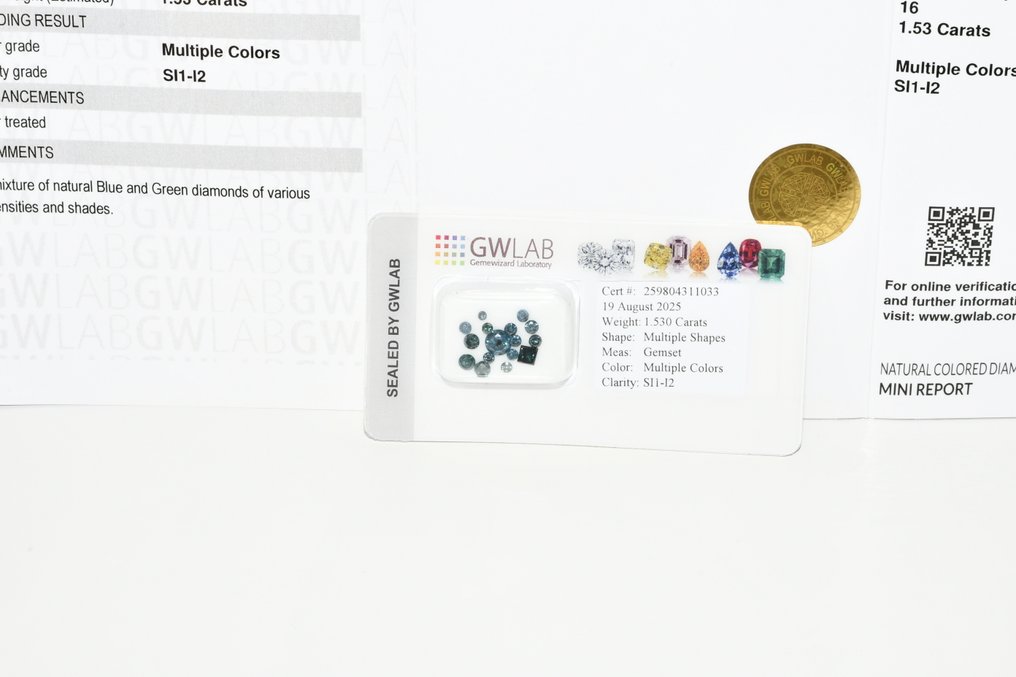 16 pcs 钻石  (经彩色处理)  - 1.53 ct 蓝色, 绿色 - I2 内含二级, SI1 微内含一级 - Gemewizard宝石实验室（GWLab） #3.2