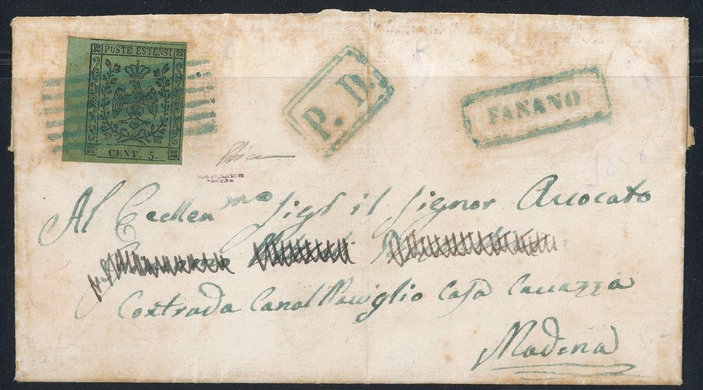 State Italiene Antice - Modena - 5 c. verde oliv cu punctul nr. 8. Certificat „oro” Studio Diena pe larg. #1.0