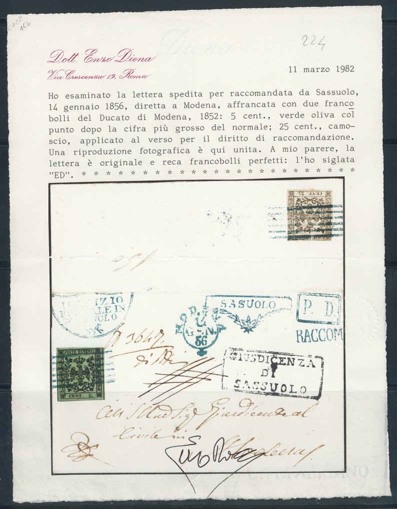 Starożytne państwa włoskie - Modena - 5 c. zielony z większym punktem, n. 8h + 25 c. zamszowy n. 4. (Em.D., cert. E. Diena). #1.0