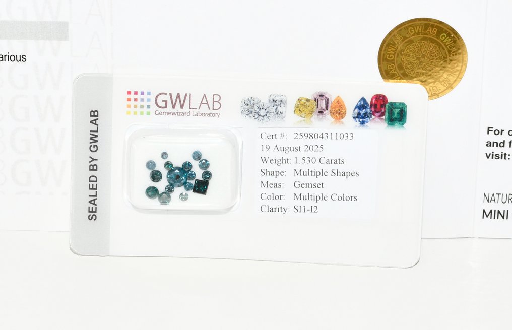 16 pcs 钻石  (经彩色处理)  - 1.53 ct 蓝色, 绿色 - I2 内含二级, SI1 微内含一级 - Gemewizard宝石实验室（GWLab） #1.0