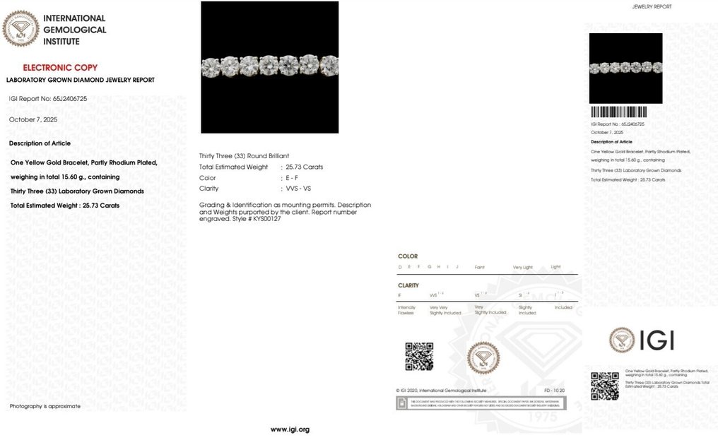 手鈪 - 18 克拉 黃金 - 25.73ct. tw. 鉆石 (實驗室培育) #2.1