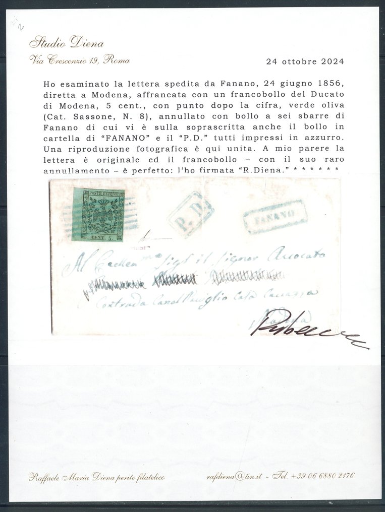 State Italiene Antice - Modena - 5 c. verde oliv cu punctul nr. 8. Certificat „oro” Studio Diena pe larg. #1.0