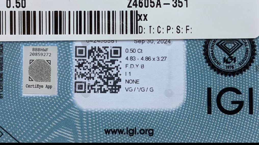 Fără preț de rezervă - 1 pcs Diamant  (Natural)  - 0.50 ct - Rotund - I1 - IGI (Institutul gemologic internațional) #3.2