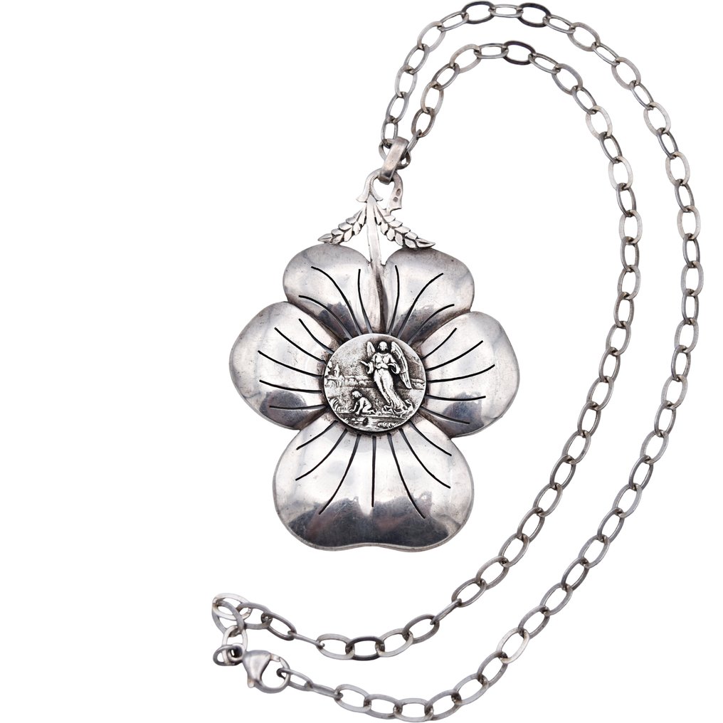 Sølv - Halskæde med vedhæng - Blomst og central medaillon #2.1