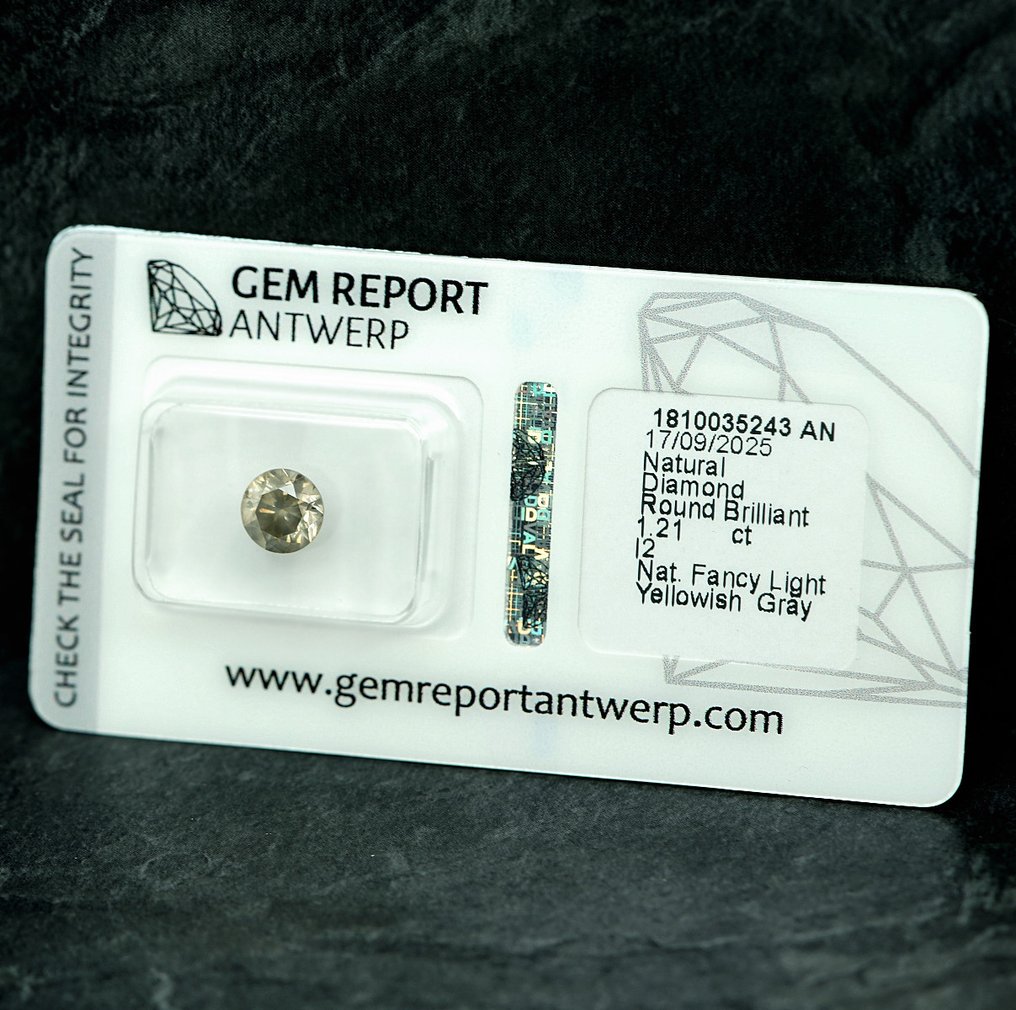 Ei pohjahintaa - 1 pcs Timantti  (Luonnonvärinen)  - 1.21 ct - Pyöreä - Fancy light Kellertävä Harmaa - I2 - Jalokivitodistus, Antwerpen (GRA) #2.1