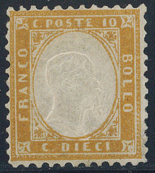 Królestwo Włoskie - 10 c. żółtawy bistr n. 1 (AD, GO, cert. Caffaz, cert. R. Diena w całości). #1.0