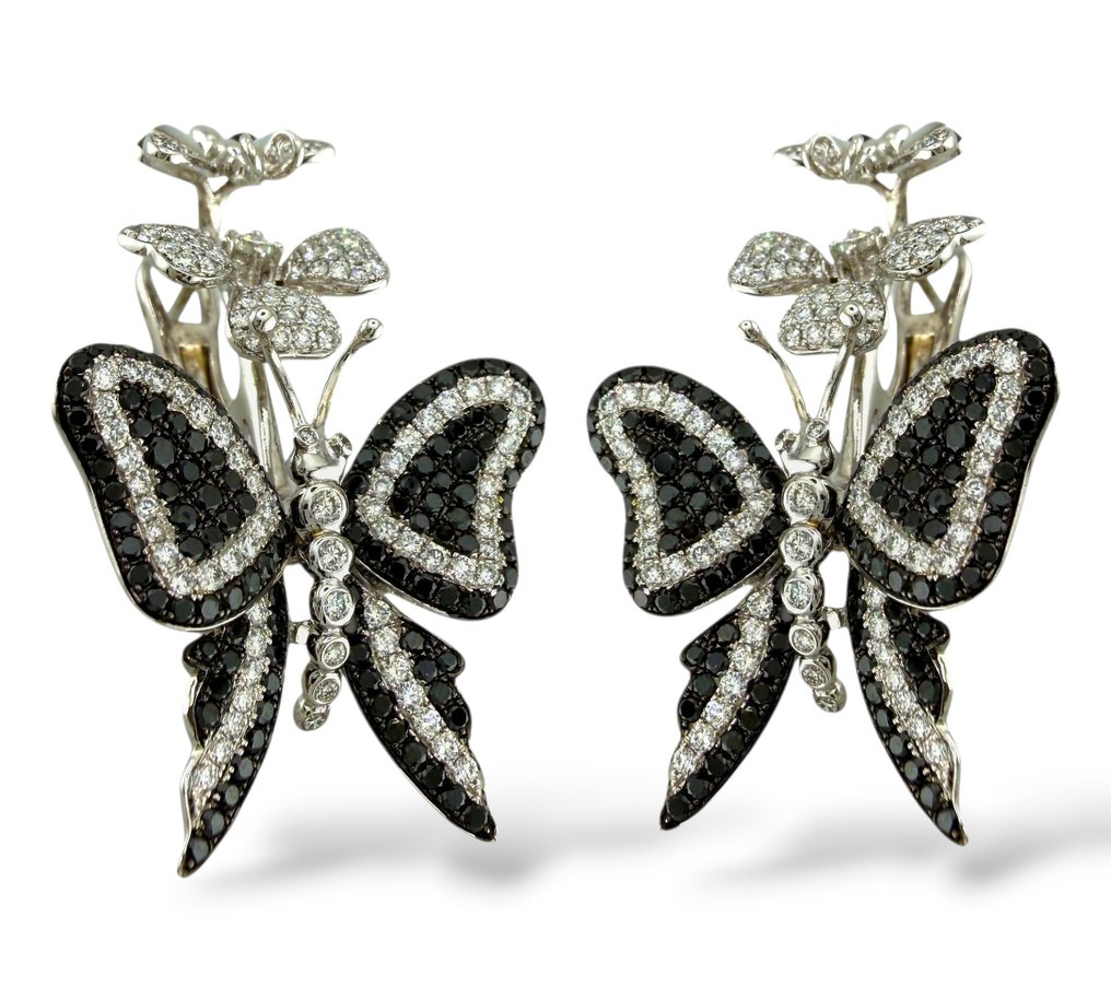 Drop fülbevaló - 18 kt. Fehér arany, 18K fehérarany 1,64 ct gyémánt, fekete gyémánt és opál pillangó virág fülbevalók - 4.89ct. tw. Gyémánt (Természetes) #1.0