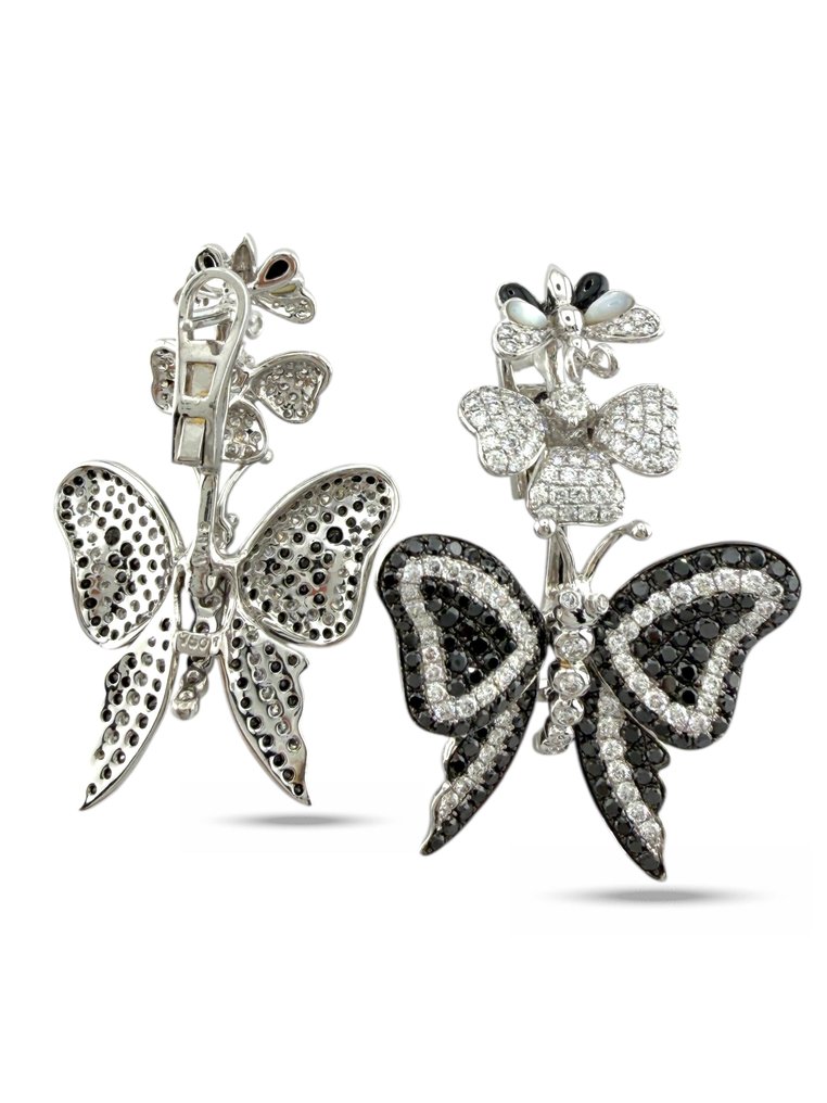 Drop fülbevaló - 18 kt. Fehér arany, 18K fehérarany 1,64 ct gyémánt, fekete gyémánt és opál pillangó virág fülbevalók - 4.89ct. tw. Gyémánt (Természetes) #3.2