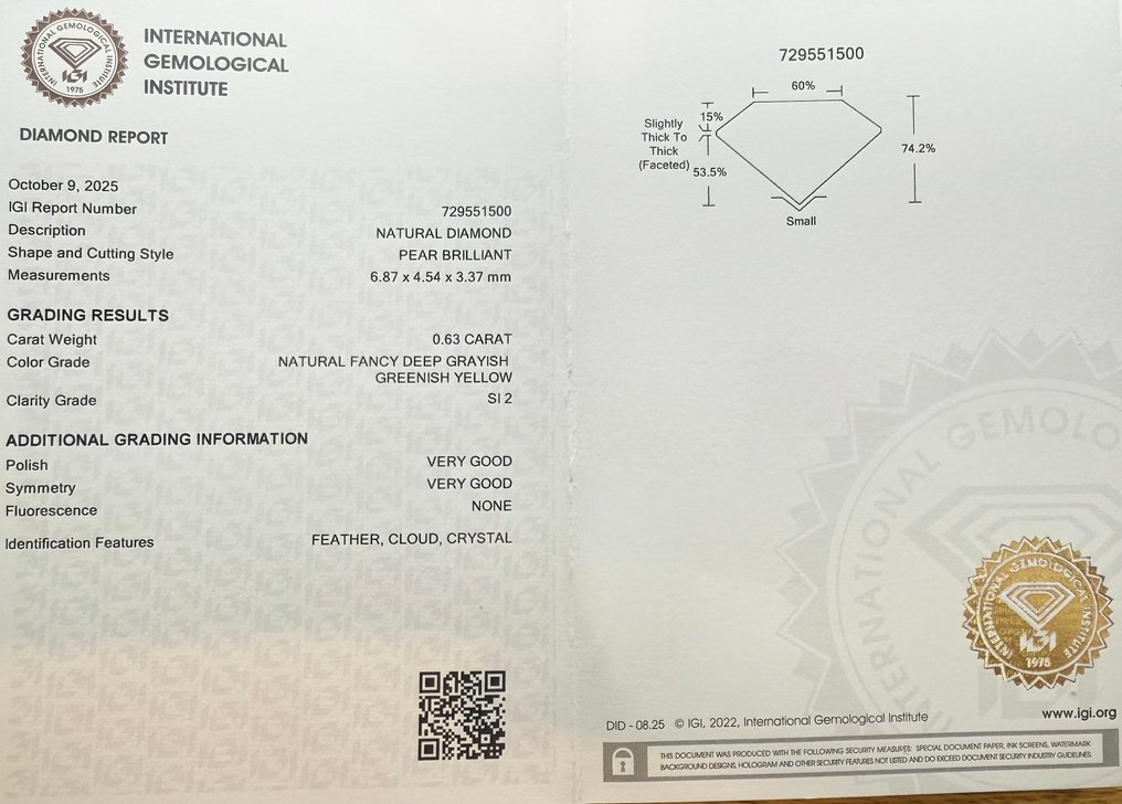 χωρίς τιμή ασφαλείας - 1 pcs Διαμάντι  (Φυσικού χρώματος)  - 0.63 ct - Αχλάδι - Fancy deep Πρασινωπό, Γκριζωπό Κίτρινο - SI2 - International Gemological Institute (IGI) #2.1