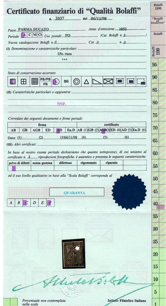 意大利古城邦-帕尔马 1852 - c. 15 玫瑰，来自帕尔马公国第一批发行 - Sassone n° 3 #3.2