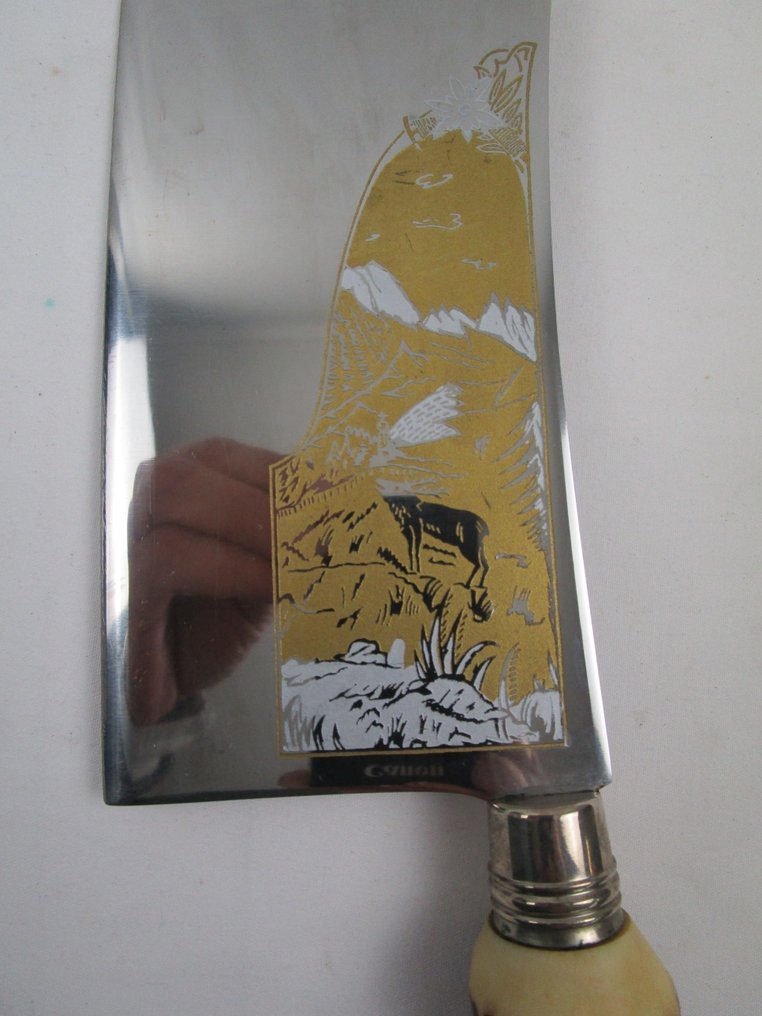 Tranchierbesteck / 5 Teile - Firma : Dreizack - Solingen - Juego de cubiertos - Cuchillas de acero inoxidable con grabado. #4.3