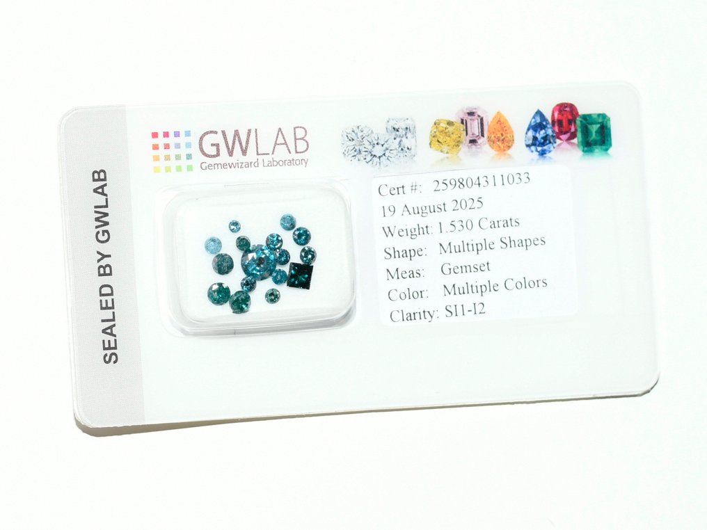 16 pcs 钻石  (经彩色处理)  - 1.53 ct 蓝色, 绿色 - I2 内含二级, SI1 微内含一级 - Gemewizard宝石实验室（GWLab） #1.0