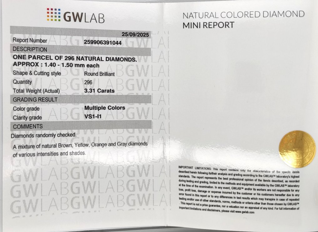 没有保留价 - 296 pcs 钻石  (天然色彩的)  - 3.31 ct - 圆形 混合色彩 - VS1 轻微内含一级, I1 内含一级 - Gemewizard宝石实验室（GWLab） #3.2