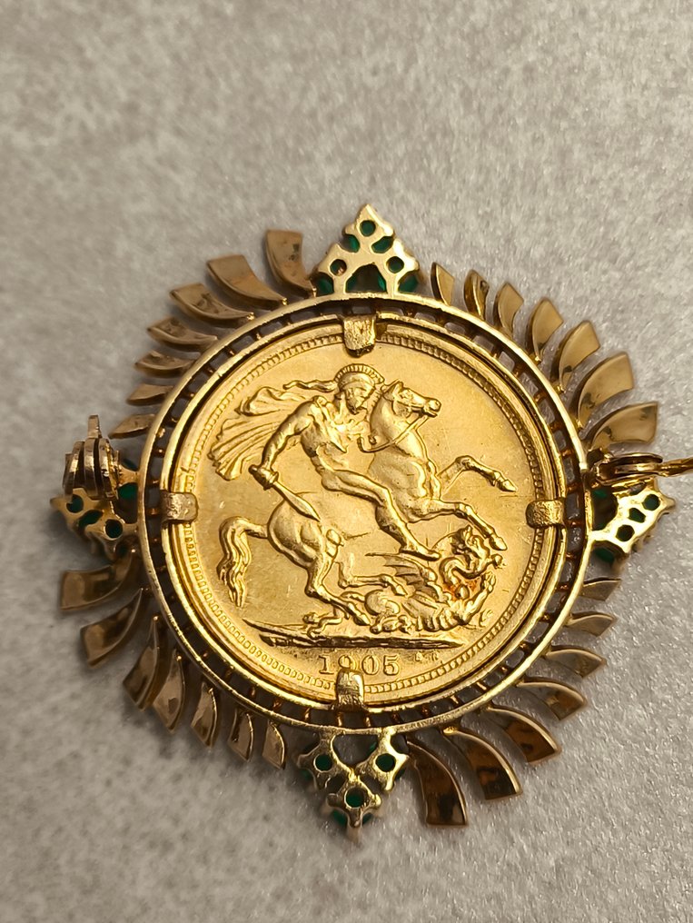 Brosche - 18 kt Gelbgold Smaragd #1.0