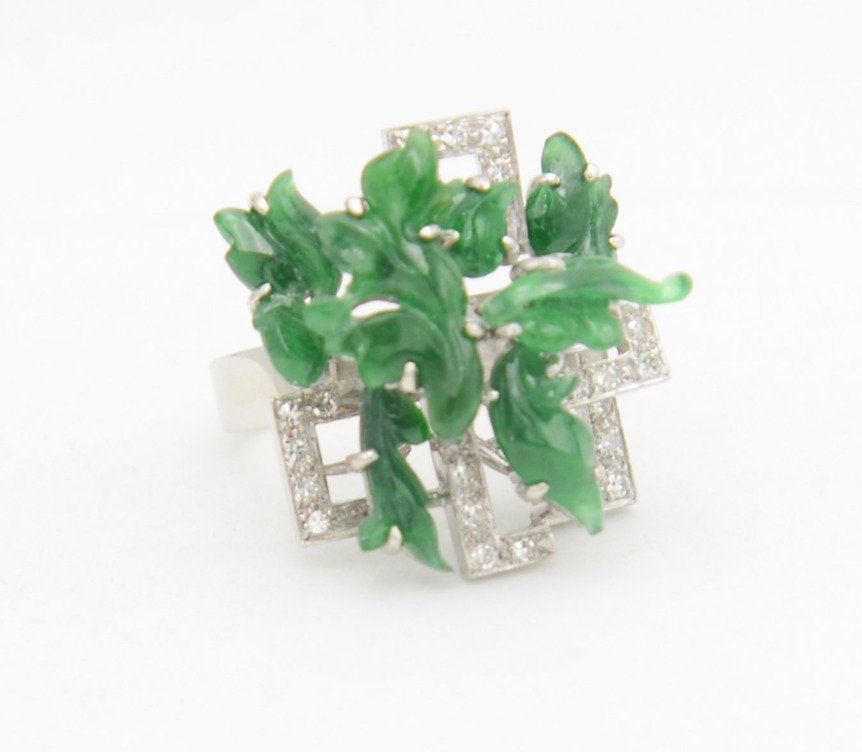 Δαχτυλίδι - 14 καράτια Λευκός χρυσός Νεφρίτης - Διαμάντι #1.0