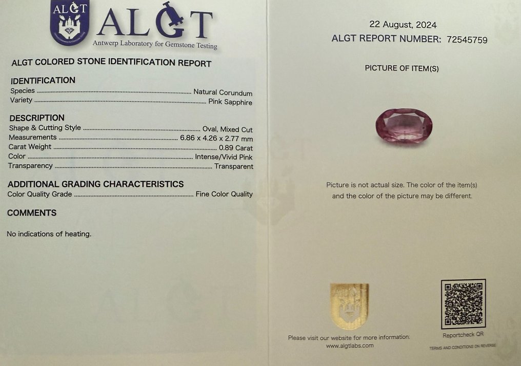 1 pcs  Rosa Saphir  - 0.89 ct - Antwerp Laboratory for Gemstone Testing (ALGT) #4.3