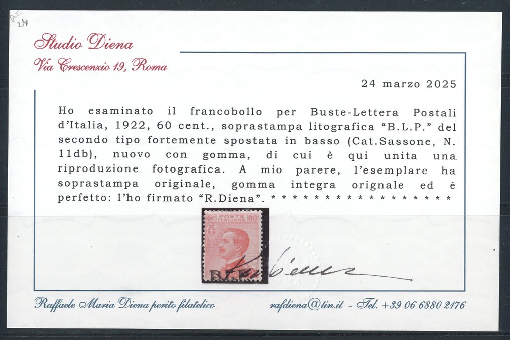Italia Regno - B.L.P. - 60 c. carminio sovr. n. 11. AD, G. Bolaffi, cert. R. Diena per esteso. #2.1