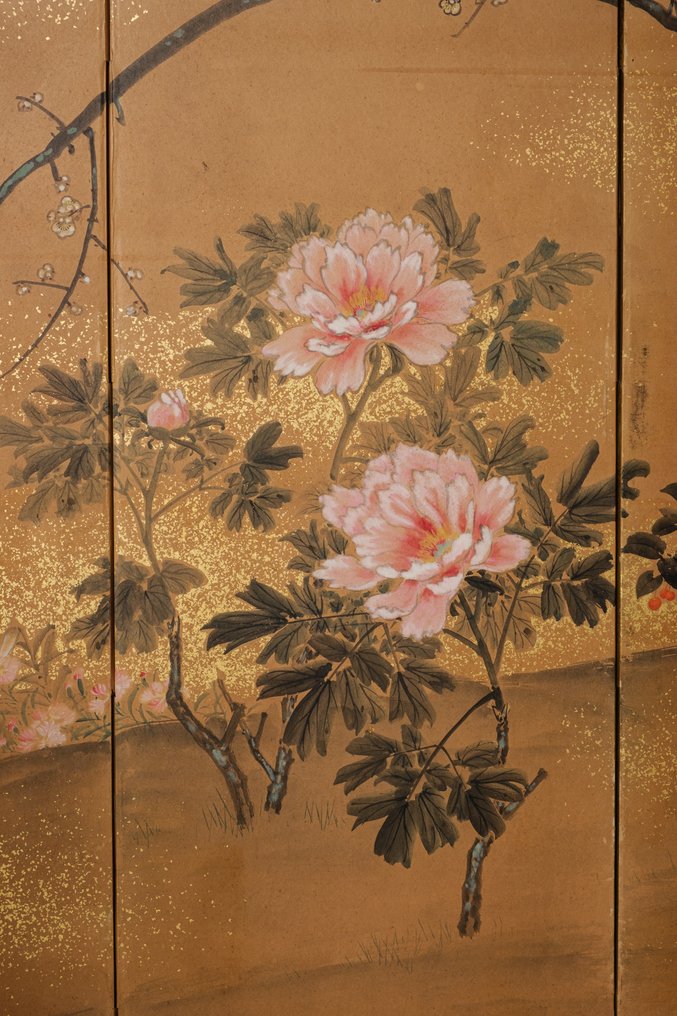 Byôbu (Faltbildschirm) - Lackiertes Holz, Goldblatt, Maulbeerpapier, Seide - Japan - Frühe Meiji-Zeit (zweite Hälfte des 19. Jahrhunderts) #1.0