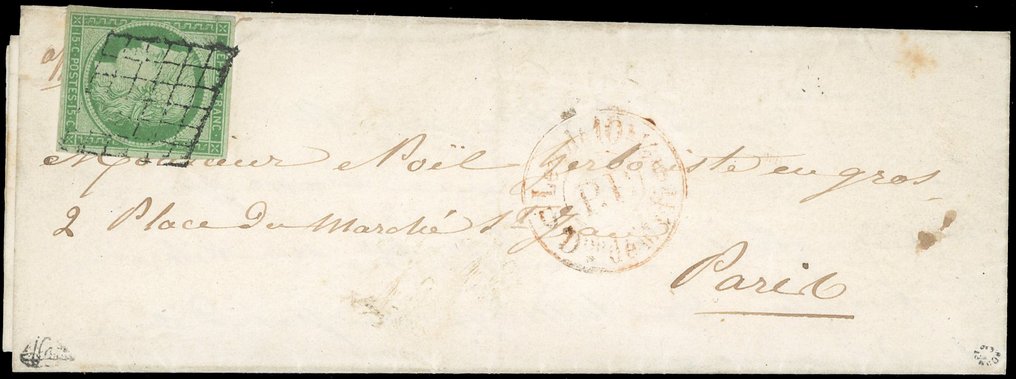法国  - 超级LAC，配备法国N°2 15c. 绿色遮挡格子，签名为JF Brun和Roumet，Behr证书 #1.0