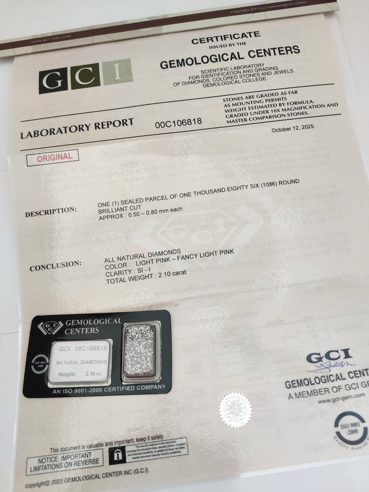没有保留价 - 1086 pcs 钻石  (天然色彩的)  - 2.10 ct - 圆形 混合粉色 - SI1 微内含一级, I1 内含一级 - 以色列宝石中心（G.C.I.） #1.0