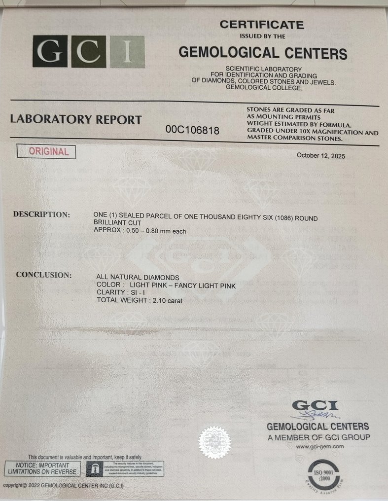 没有保留价 - 1086 pcs 钻石  (天然色彩的)  - 2.10 ct - 圆形 混合粉色 - SI1 微内含一级, I1 内含一级 - 以色列宝石中心（G.C.I.） #2.1