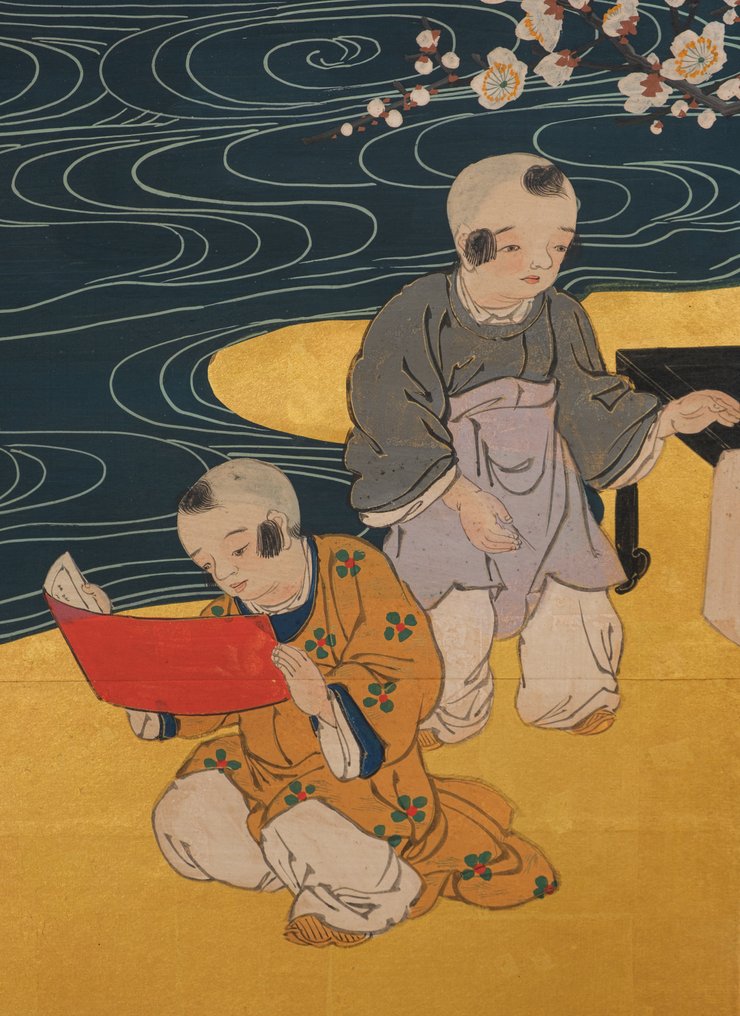 Byôbu 屏风（折叠屏风） - 丝绸、金箔、漆木、纸, 真丝, 纸 - 日本 - 明治早期（19世纪下半叶） #2.1