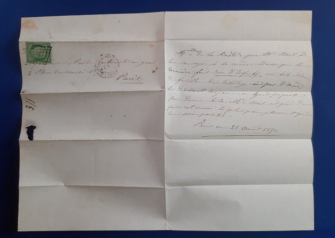 法国  - 超级LAC，配备法国N°2 15c. 绿色遮挡格子，签名为JF Brun和Roumet，Behr证书 #2.1