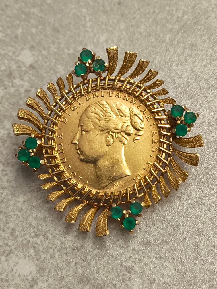 Brosche - 18 kt Gelbgold Smaragd #1.0
