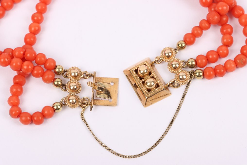 Bracelet - 14 carats Or jaune Corail - Sardinian à 3 rangées, milieu du 20e siècle #2.1