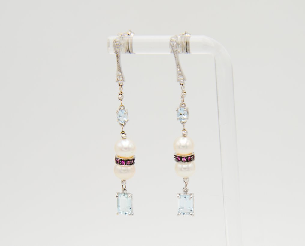 Drop fülbevaló - 18 kt. Fehér arany Gyémánt (Természetes) - Akvamarin #1.0