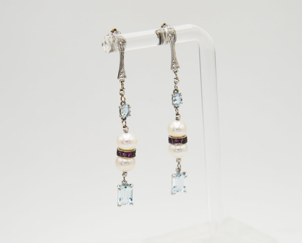 Drop fülbevaló - 18 kt. Fehér arany Gyémánt (Természetes) - Akvamarin #3.2