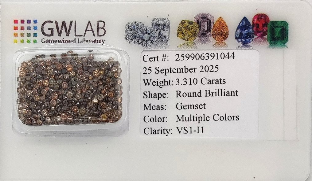 没有保留价 - 296 pcs 钻石  (天然色彩的)  - 3.31 ct - 圆形 混合色彩 - VS1 轻微内含一级, I1 内含一级 - Gemewizard宝石实验室（GWLab） #2.1