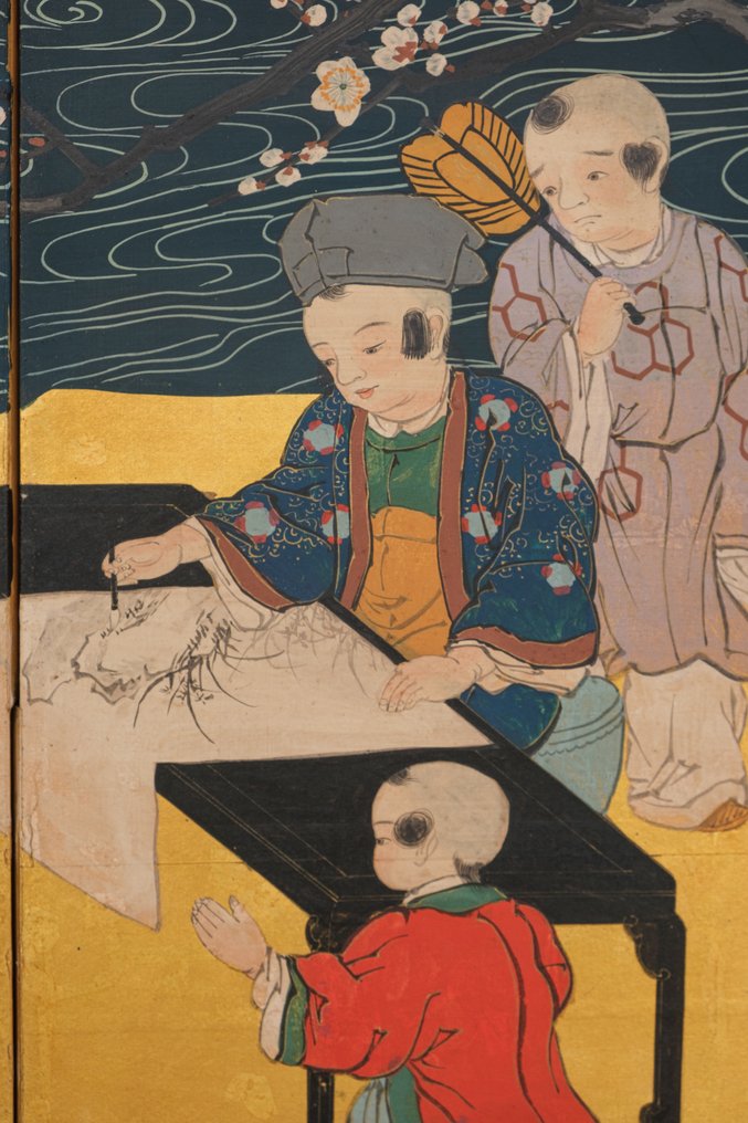 Byôbu 屏风（折叠屏风） - 丝绸、金箔、漆木、纸, 真丝, 纸 - 日本 - 明治早期（19世纪下半叶） #1.0