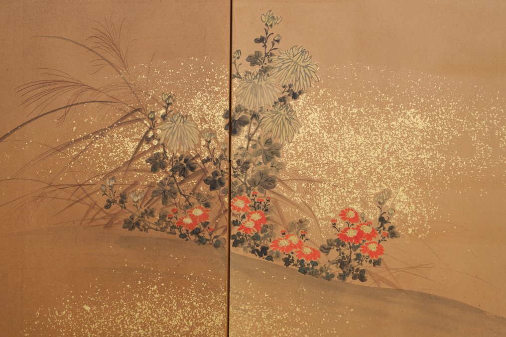 Byôbu (Faltbildschirm) - Lackiertes Holz, Goldblatt, Maulbeerpapier, Seide - Japan - Frühe Meiji-Zeit (zweite Hälfte des 19. Jahrhunderts) #4.3