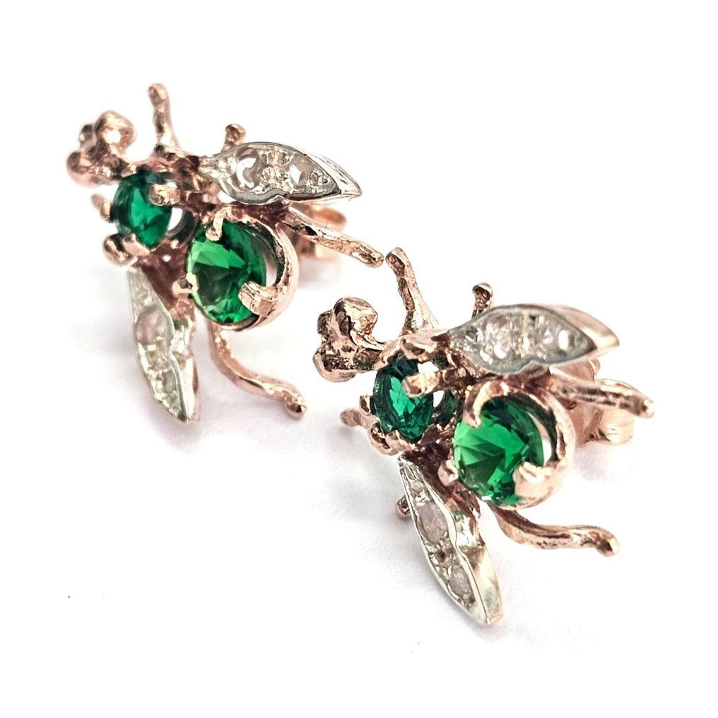 没有保留价 - 耳环 - 9 kt. 玫瑰金, 银 祖母绿 - 钻石 #2.1