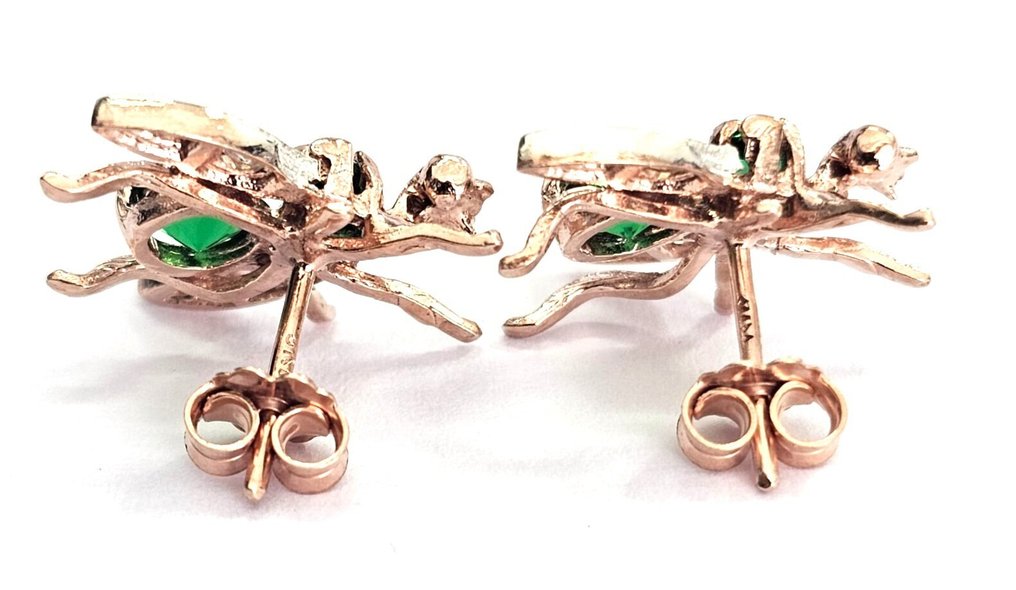 没有保留价 - 耳环 - 9 kt. 玫瑰金, 银 祖母绿 - 钻石 #3.2