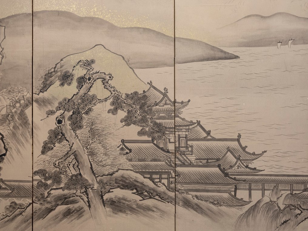 Byōbu屏風 - 一幅六扇折叠纸屏风，描绘风景画。 - 日本 - 明治时期（19世纪后期） #4.3