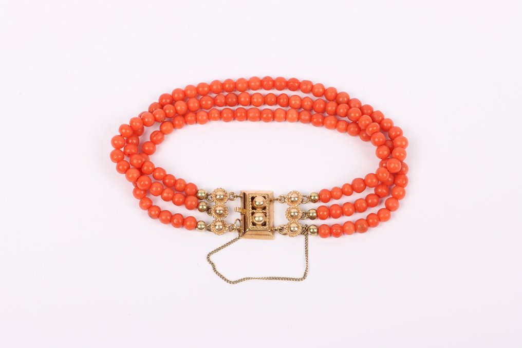 Bracelet - 14 carats Or jaune Corail - Sardinian à 3 rangées, milieu du 20e siècle #1.0