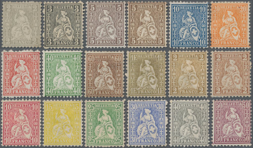 Sveits 1862/1882 - Fullstendig emisjon av zittende Helvetia med nyanser. - Michel 29/35 inclusief 29b #1.0